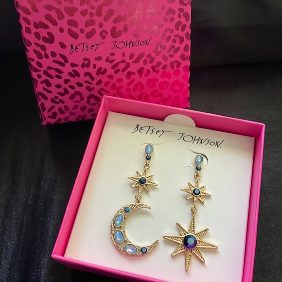 Betsey Johnson Jewelry - Betsey Johnson Gold-Tone Multi-Stone Star & Moon Mismatch Drop Earrings